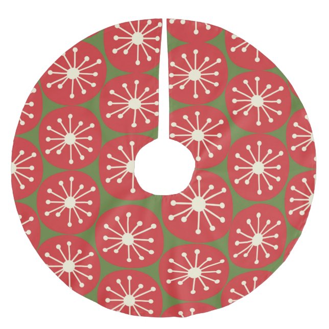 Atomic Dots Midcentury Modern Retro Red and Green Brushed Polyester Tree Skirt (Front)