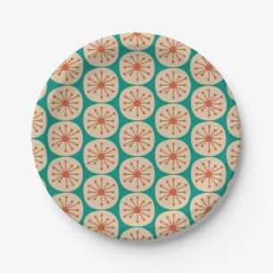 Atomic Dots Retro Mid Mod Pattern Orange Turquoise Paper Plate