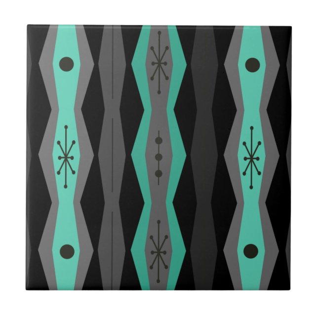 Atomic Era Abstract Columns Black Turquoise Tile (Front)
