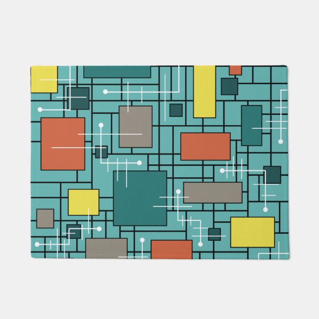 Atomic Era Abstract Lines Boxes Turquoise Doormat (Front)