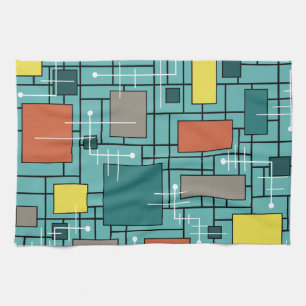 Atomic Era Abstract Lines Boxes Turquoise Kitchen Towel