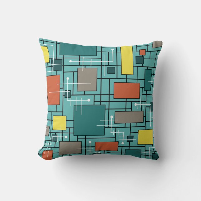 Atomic Era Abstract Lines Boxes Turquoise Throw Pillow (Front)