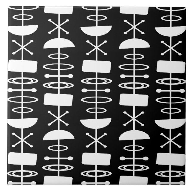 Atomic Era Abstract Symbols Black White Tile (Front)