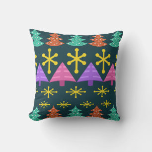 Atomic Era Christmas Trees Kitsch Dark Throw Pillow