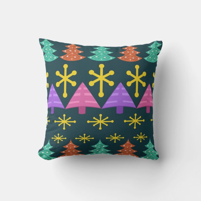 Atomic Era Christmas Trees Kitsch Dark Throw Pillow (Front)