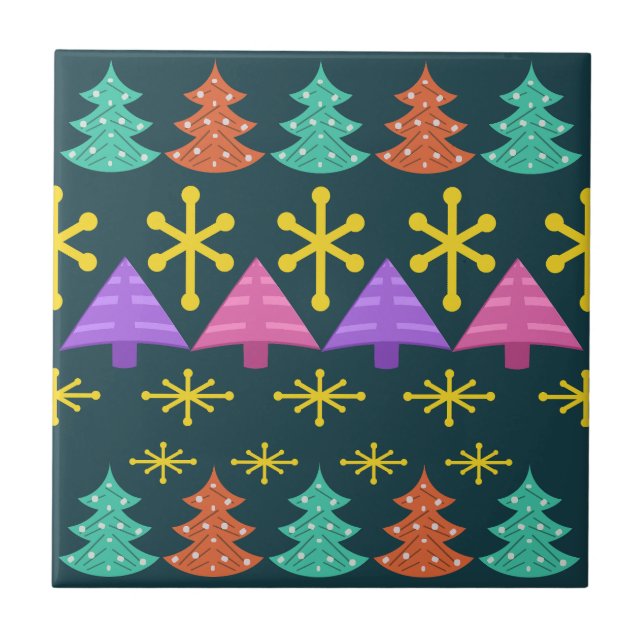 Atomic Era Christmas Trees Kitsch Dark Tile (Front)