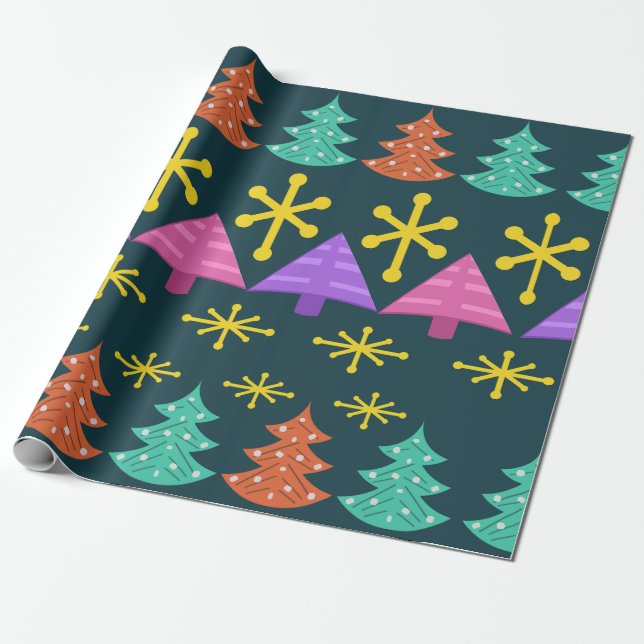 Atomic Era Christmas Trees Kitsch Dark Wrapping Paper (Unrolled)