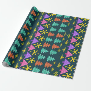Atomic Era Christmas Trees Kitsch Dark Wrapping Paper
