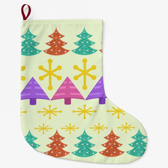 Atomic Era Christmas Trees Kitsch Light Large Christmas Stocking (Front)