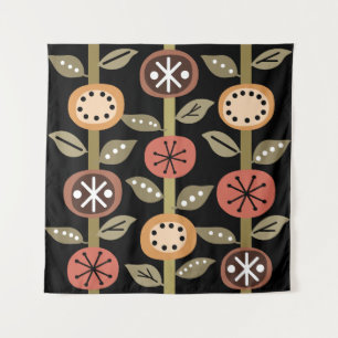 Atomic Era Flowers Art Black Colourful Tapestry