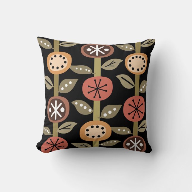 Atomic Era Flowers Art Black Colourful Throw Pillow (Front)