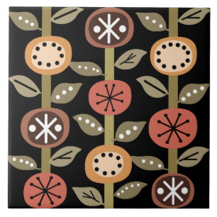 Atomic Era Flowers Art Black Colourful Tile