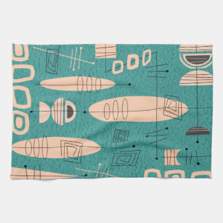 Atomic Era Inspired Fish Art Teal Kitchen Towel