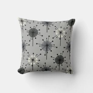 Atomic Era Sputnik Starburst Flowers Grey Throw Pillow