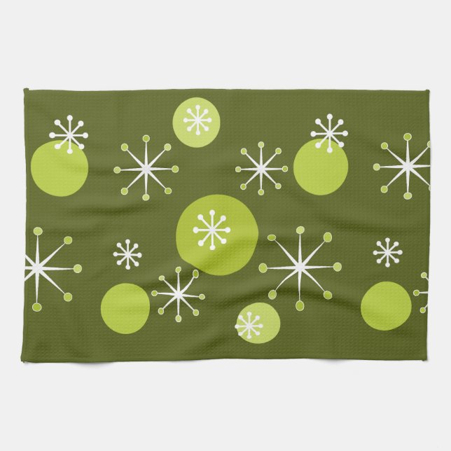Atomic Era Starbursts Olive Green Kitchen Towel (Horizontal)