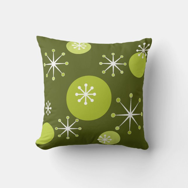 Atomic Era Starbursts Olive Green Throw Pillow (Front)