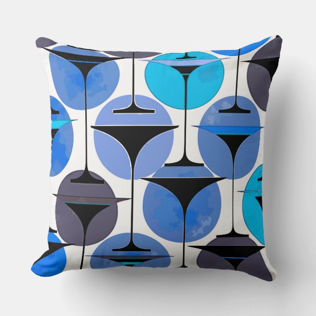 Atomic Fifties Inspired Martinis In Grey Aqua Blue Throw Pillow (Front)