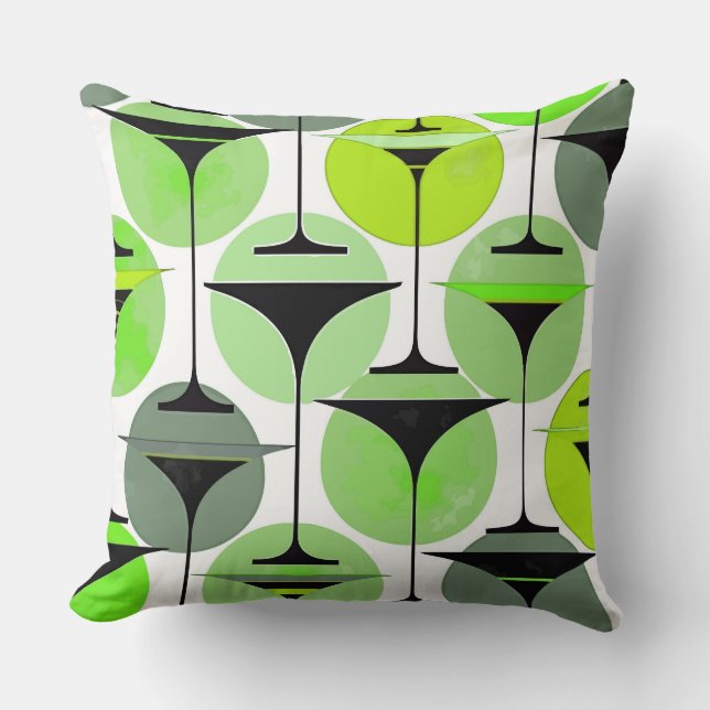 Atomic Fifties Inspired Martinis In Grey, Aqua  Throw Pillow (Front)
