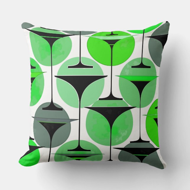 Atomic Fifties Inspired Martinis In Grey, Green Throw Pillow (Front)