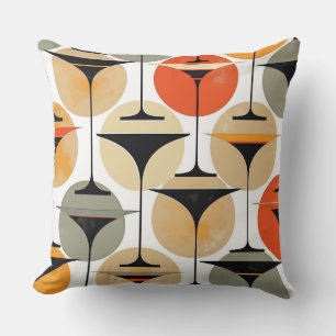 Atomic Fifties Inspired Martinis In Grey, Orange, Throw Pillow