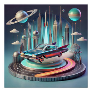 Atomic Futuristic Big Fins Coupe Car Poster