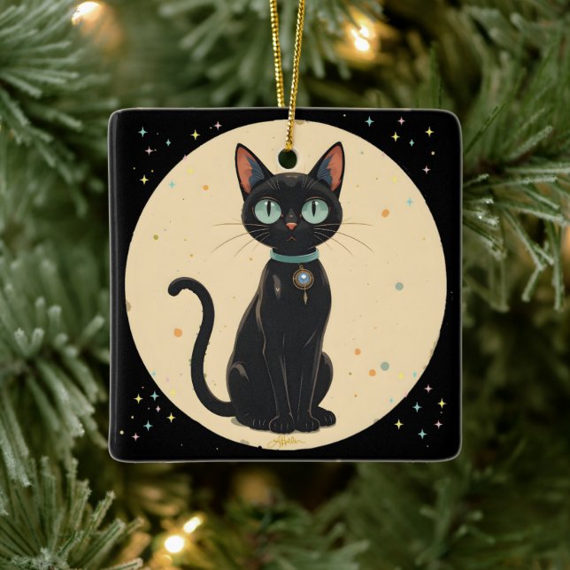Atomic Futuristic Black Cat Moon Ceramic Ornament (Tree)