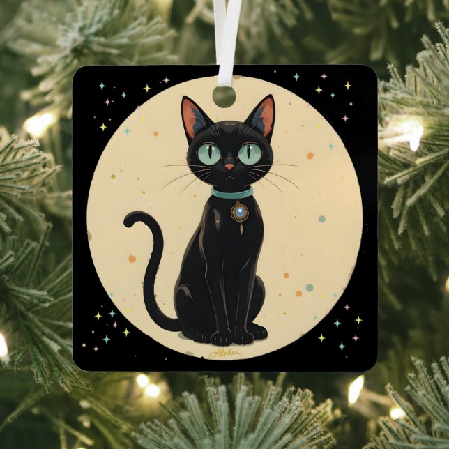 Atomic Futuristic Black Cat Moon Metal Ornament (Insitu)