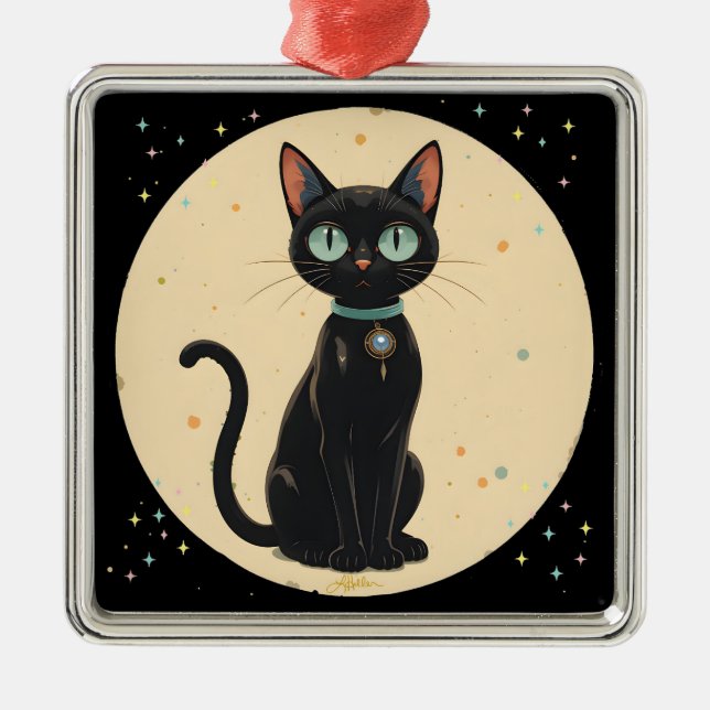 Atomic Futuristic Black Cat Moon Metal Ornament (Front)