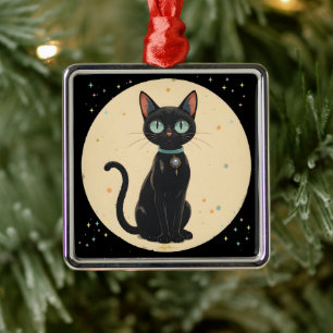 Atomic Futuristic Black Cat Moon Metal Ornament