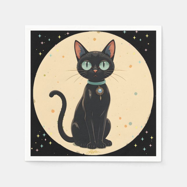 Atomic Futuristic Black Cat Moon Napkin (Front)