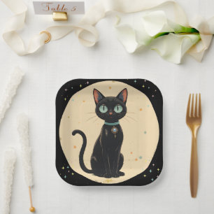 Atomic Futuristic Black Cat Moon Paper Plate