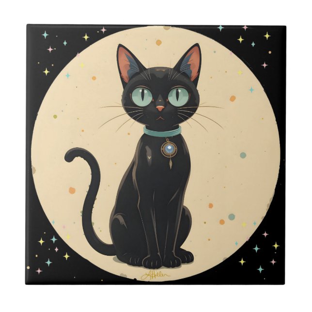 Atomic Futuristic Black Cat Moon Tile (Front)