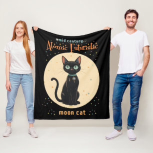 Atomic Futuristic Black Cat Moon with text Fleece Blanket