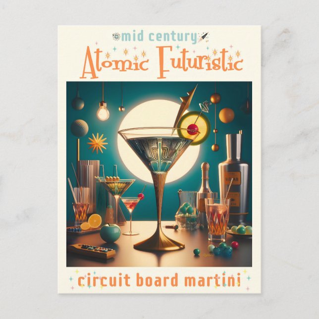 Atomic Futuristic Circuit Board Martini Postcard (Front)