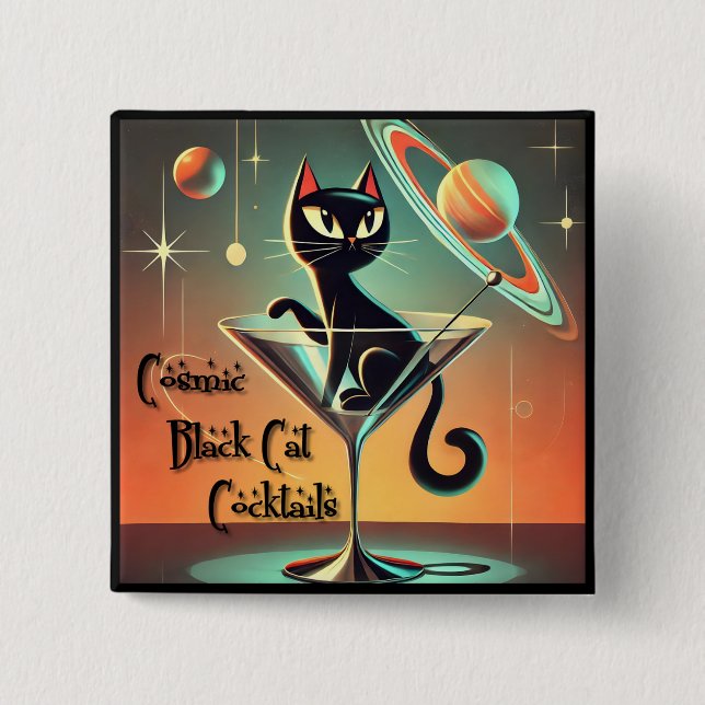 Atomic Futuristic Cosmic Black Cat Cocktails 2 Inch Square Button (Front)