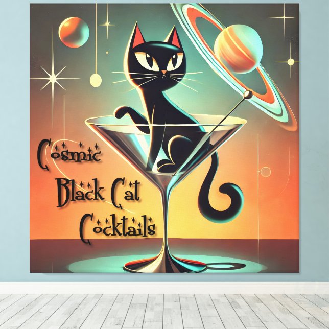 Atomic Futuristic Cosmic Black Cat Cocktails Canvas Print (Insitu(Wood Floor))