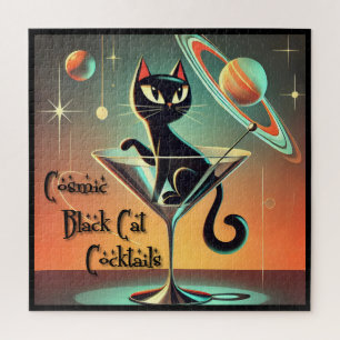 Atomic Futuristic Cosmic Black Cat Cocktails Jigsaw Puzzle