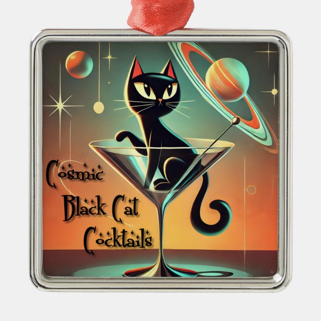 Atomic Futuristic Cosmic Black Cat Cocktails Metal Ornament (Front)
