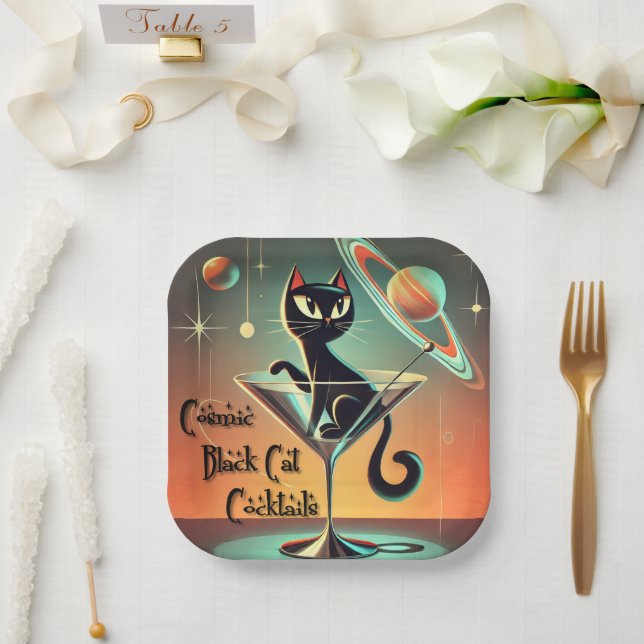 Atomic Futuristic Cosmic Black Cat Cocktails Paper Plate (Wedding)