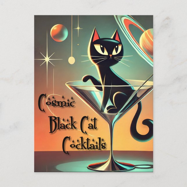 Atomic Futuristic Cosmic Black Cat Cocktails Postcard (Front)