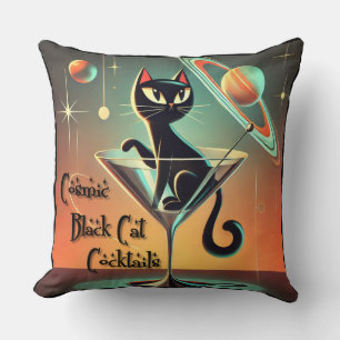 Atomic Futuristic Cosmic Black Cat Cocktails Throw Pillow