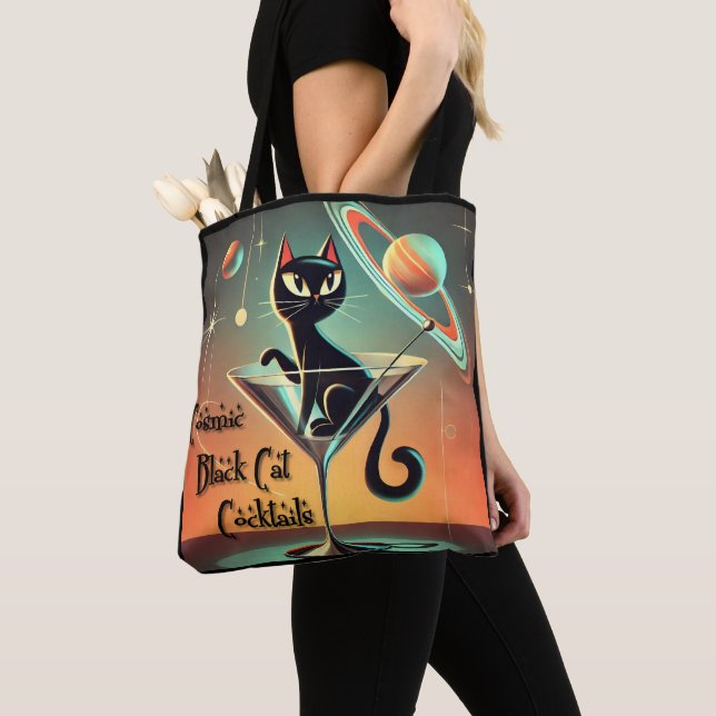 Atomic Futuristic Cosmic Black Cat Cocktails Tote Bag (Close Up)