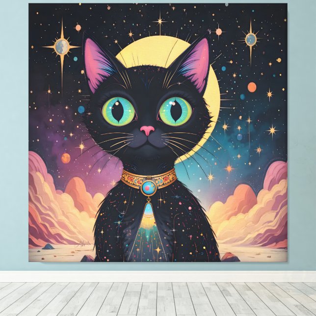 Atomic Futuristic Cosmic Black Cat in Moonlight Canvas Print (Insitu(Wood Floor))