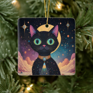 Atomic Futuristic Cosmic Black Cat in Moonlight Ceramic Ornament