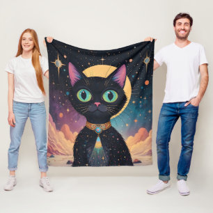 Atomic Futuristic Cosmic Black Cat in Moonlight Fleece Blanket