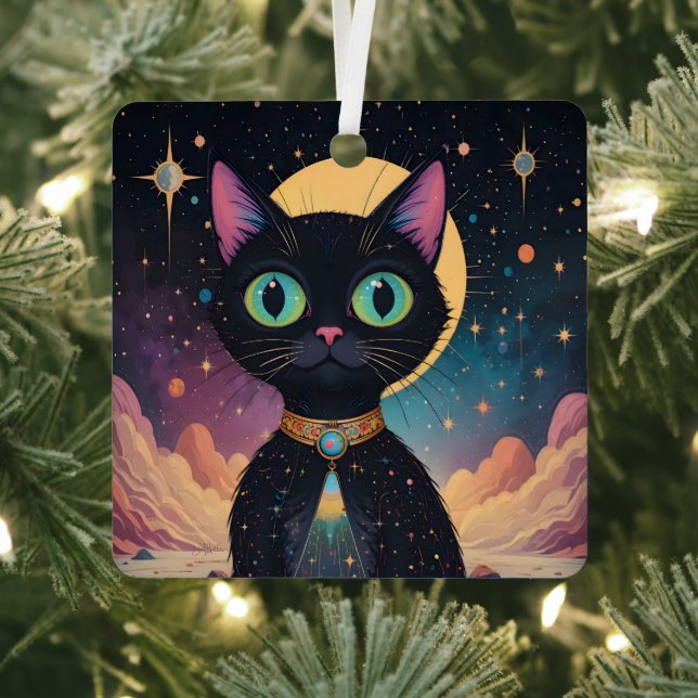 Atomic Futuristic Cosmic Black Cat in Moonlight Metal Ornament (Insitu)