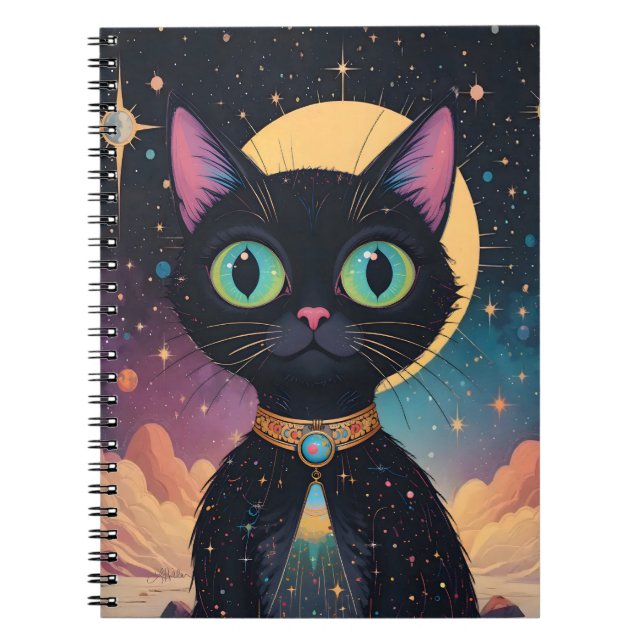 Atomic Futuristic Cosmic Black Cat in Moonlight Notebook (Front)