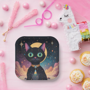 Atomic Futuristic Cosmic Black Cat in Moonlight Paper Plate