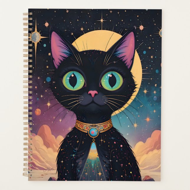 Atomic Futuristic Cosmic Black Cat in Moonlight Planner (Front)