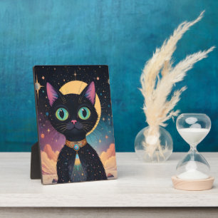 Atomic Futuristic Cosmic Black Cat in Moonlight Plaque